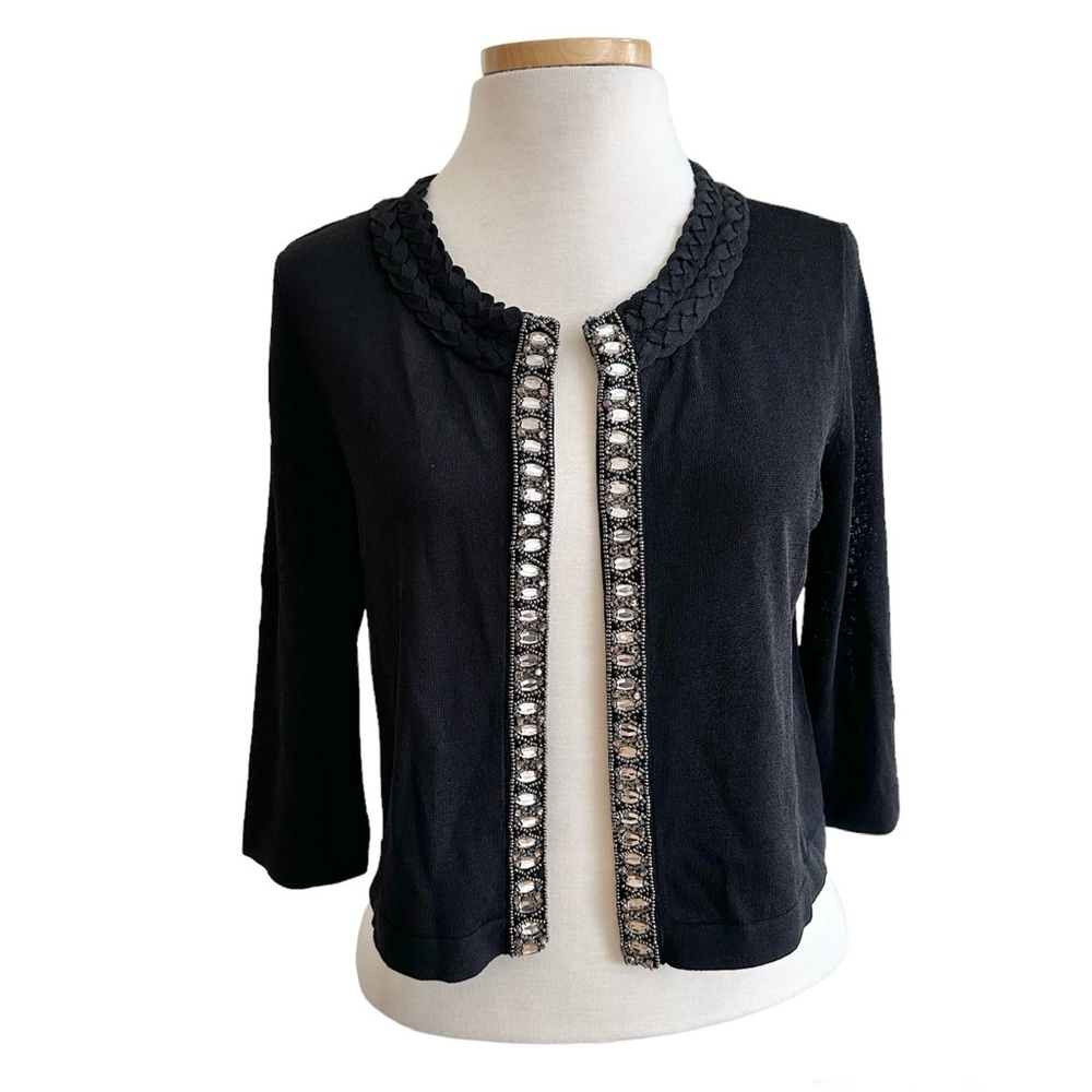 Alfani Vtg Open Crop Knit Sweater Embellished Front Trim 3/4 Sleeves Black Sz SP